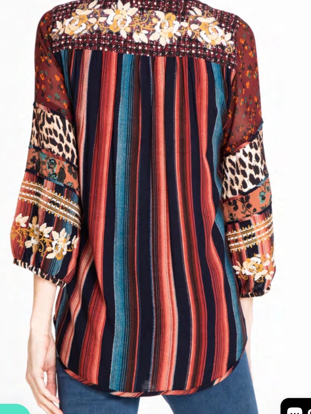 John Mark Embroidered Striped Boho Tunic in Red, Navy & Teal Size XL - Picture 2 of 13